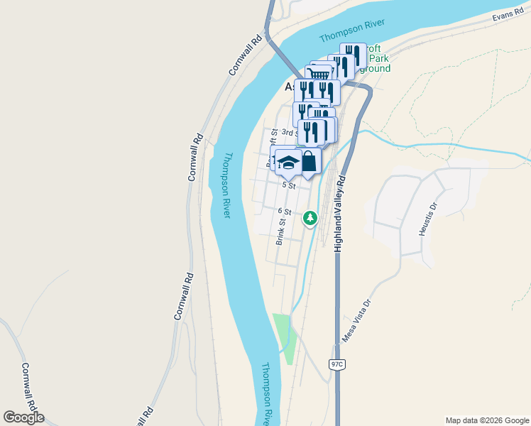 map of restaurants, bars, coffee shops, grocery stores, and more near 602 6 Street in Ashcroft