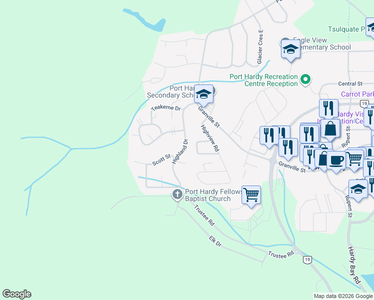 map of restaurants, bars, coffee shops, grocery stores, and more near 7135 Highland Drive in Port Hardy