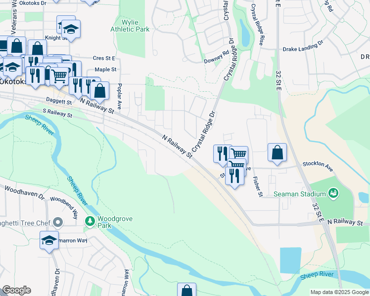 map of restaurants, bars, coffee shops, grocery stores, and more near 174 North Railway Street in Okotoks
