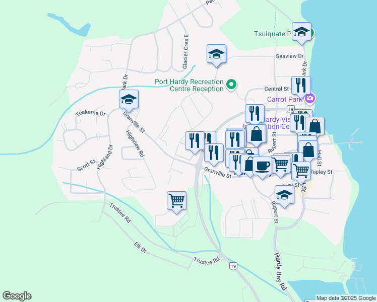 map of restaurants, bars, coffee shops, grocery stores, and more near 9130 Granville Street in Port Hardy