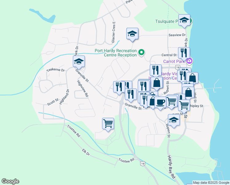 map of restaurants, bars, coffee shops, grocery stores, and more near 9130 Granville Street in Port Hardy
