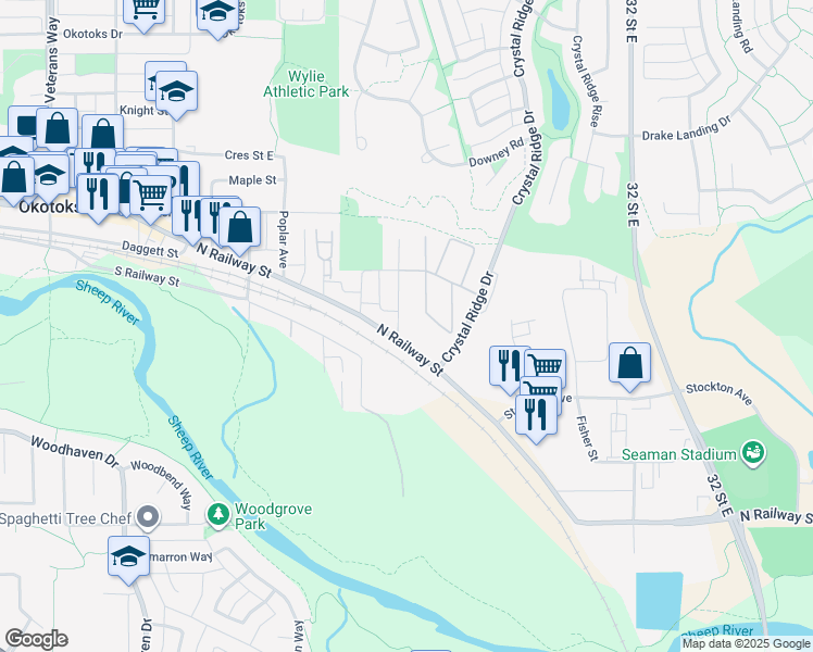 map of restaurants, bars, coffee shops, grocery stores, and more near 170 North Railway Street in Okotoks