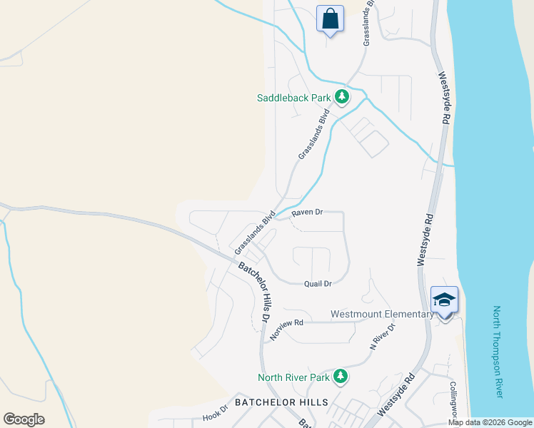 map of restaurants, bars, coffee shops, grocery stores, and more near Raven Drive in Kamloops