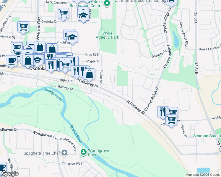 map of restaurants, bars, coffee shops, grocery stores, and more near 107 Elm Place in Okotoks