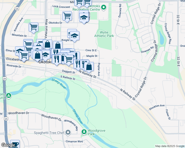 map of restaurants, bars, coffee shops, grocery stores, and more near 72 North Railway Street in Okotoks