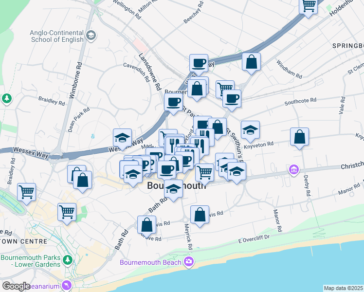 map of restaurants, bars, coffee shops, grocery stores, and more near Oxford Road in Dorset