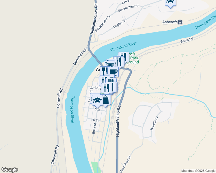 map of restaurants, bars, coffee shops, grocery stores, and more near 209 Railway Avenue in Ashcroft