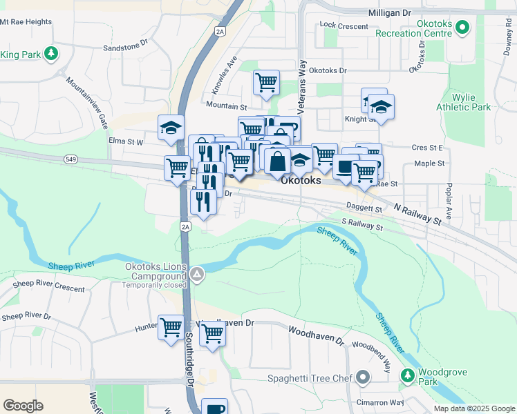 map of restaurants, bars, coffee shops, grocery stores, and more near 23 Riverside Drive in Okotoks