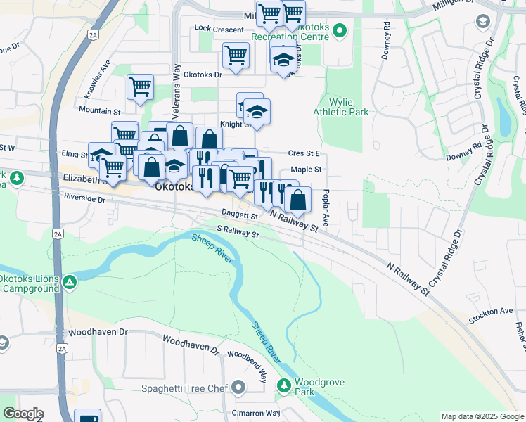 map of restaurants, bars, coffee shops, grocery stores, and more near 303 Daggett Street in Okotoks