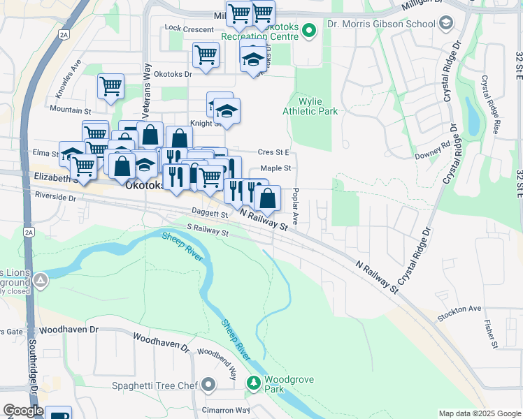 map of restaurants, bars, coffee shops, grocery stores, and more near 1 Alberta Avenue in Okotoks