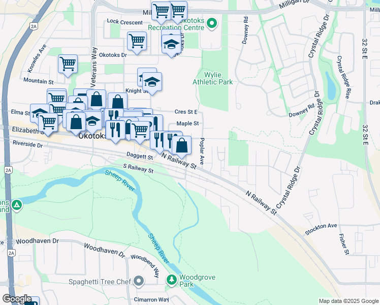 map of restaurants, bars, coffee shops, grocery stores, and more near 72 North Railway Street in Okotoks