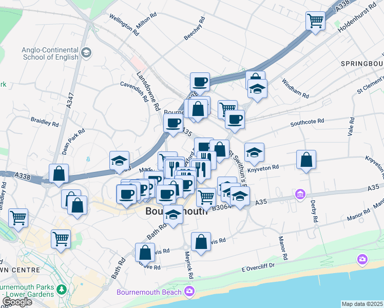 map of restaurants, bars, coffee shops, grocery stores, and more near Oxford Road in Dorset
