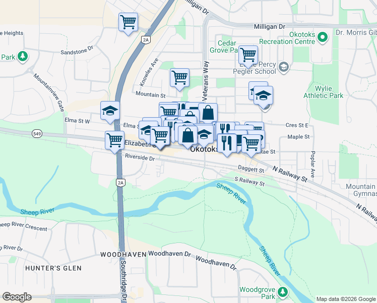 map of restaurants, bars, coffee shops, grocery stores, and more near in Okotoks