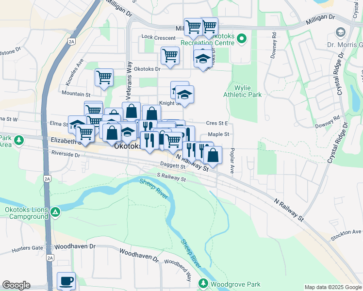 map of restaurants, bars, coffee shops, grocery stores, and more near 70 McRae Street in Okotoks