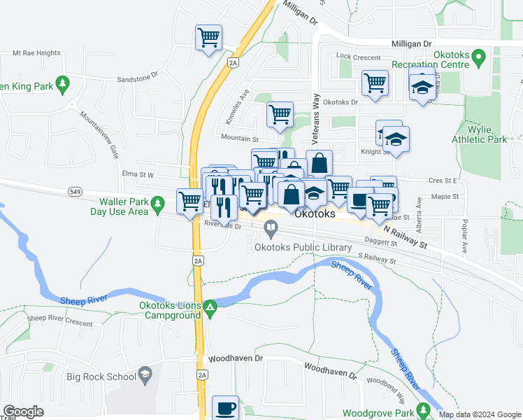 map of restaurants, bars, coffee shops, grocery stores, and more near 41 Elizabeth St in Okotoks
