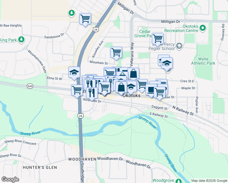 map of restaurants, bars, coffee shops, grocery stores, and more near 41 Elizabeth Street in Okotoks