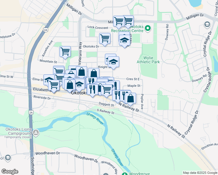 map of restaurants, bars, coffee shops, grocery stores, and more near 34 Glorond Place in Okotoks