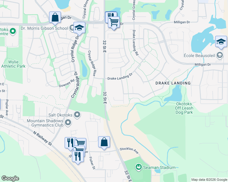 map of restaurants, bars, coffee shops, grocery stores, and more near 105 Drake Landing Common in Okotoks