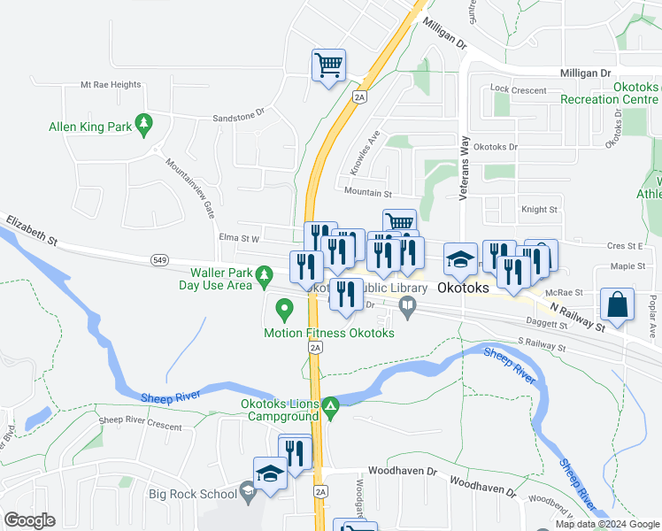 map of restaurants, bars, coffee shops, grocery stores, and more near 111 Elizabeth Street in Okotoks