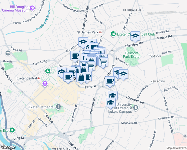 map of restaurants, bars, coffee shops, grocery stores, and more near Bampfylde Street in Devon