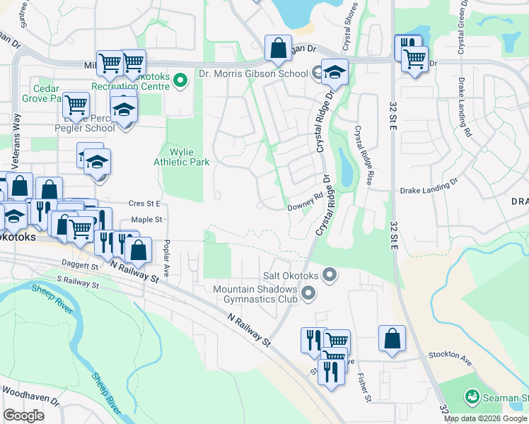 map of restaurants, bars, coffee shops, grocery stores, and more near 70 Downey Road in Okotoks