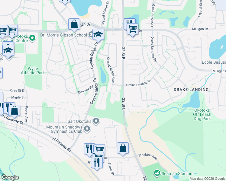 map of restaurants, bars, coffee shops, grocery stores, and more near 402 Crystal Ridge Terrace in Okotoks