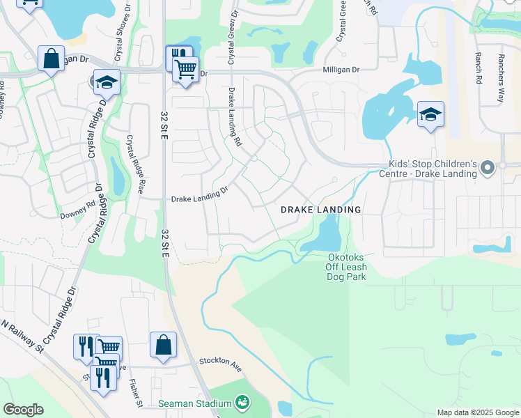 map of restaurants, bars, coffee shops, grocery stores, and more near 39 Drake Landing Crescent in Okotoks