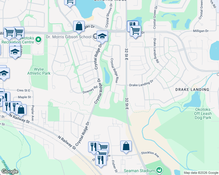 map of restaurants, bars, coffee shops, grocery stores, and more near 303 Crystal Ridge View in Okotoks