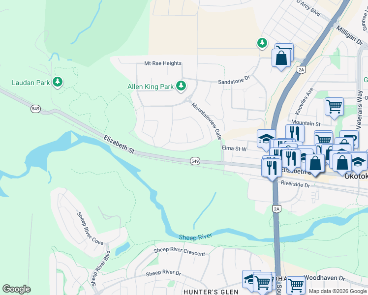 map of restaurants, bars, coffee shops, grocery stores, and more near 47 Mist Mountain Rise in Okotoks