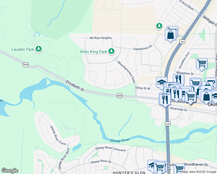 map of restaurants, bars, coffee shops, grocery stores, and more near 47 Mist Mountain Rise in Okotoks