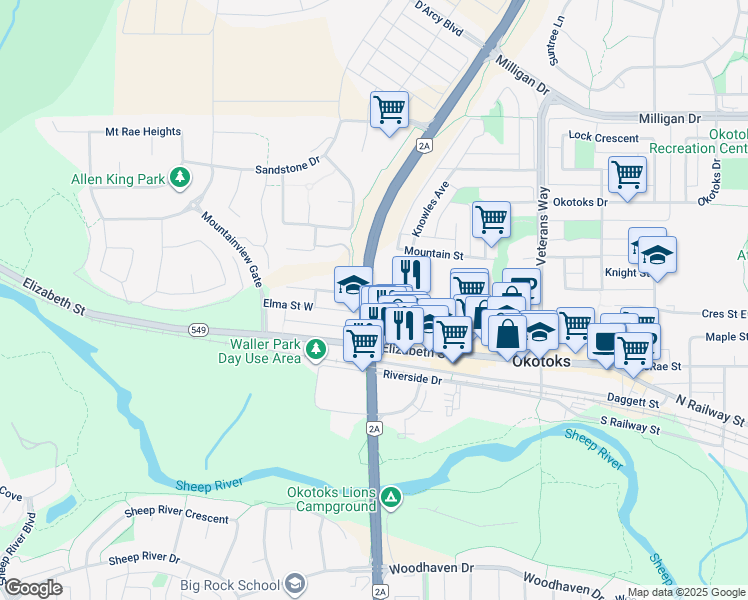 map of restaurants, bars, coffee shops, grocery stores, and more near 122 Northridge Drive in Okotoks