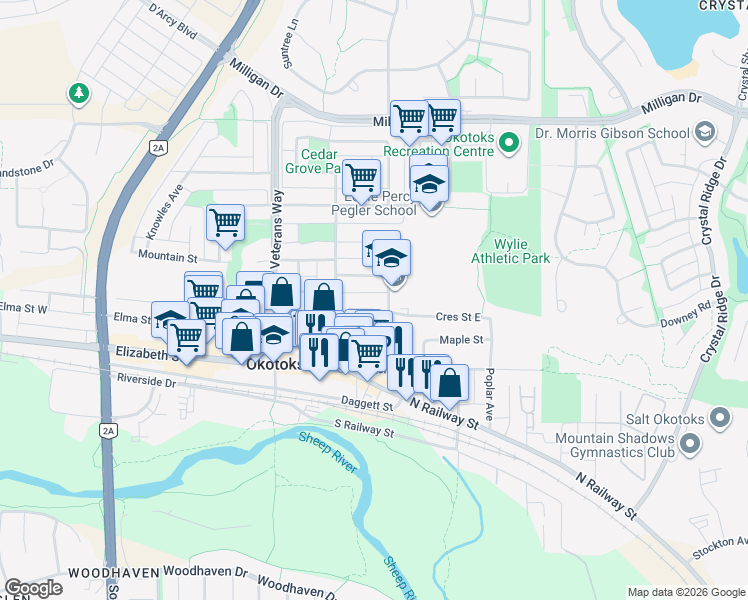 map of restaurants, bars, coffee shops, grocery stores, and more near 1 Pacific Avenue in Okotoks