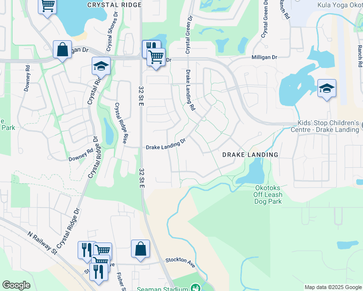 map of restaurants, bars, coffee shops, grocery stores, and more near 27 Drake Landing Drive in Okotoks