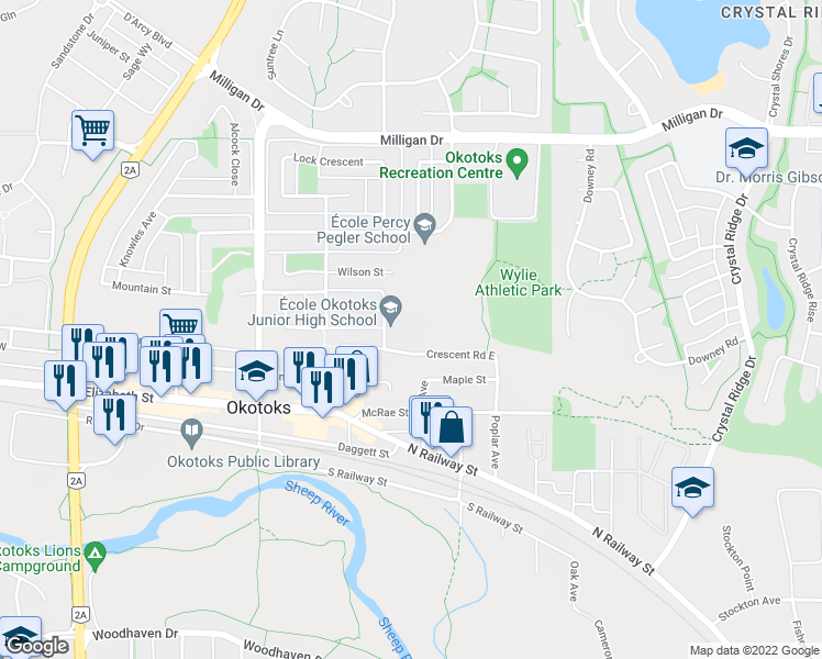map of restaurants, bars, coffee shops, grocery stores, and more near 1 Pacific Avenue in Okotoks