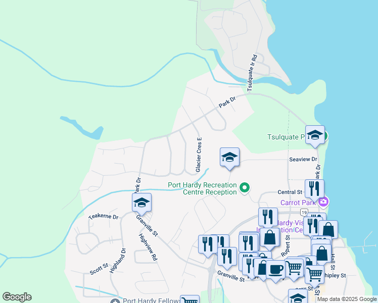 map of restaurants, bars, coffee shops, grocery stores, and more near 7555 Glacier Crescent West in Port Hardy