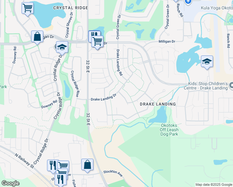 map of restaurants, bars, coffee shops, grocery stores, and more near Drake Landing Drive in Okotoks