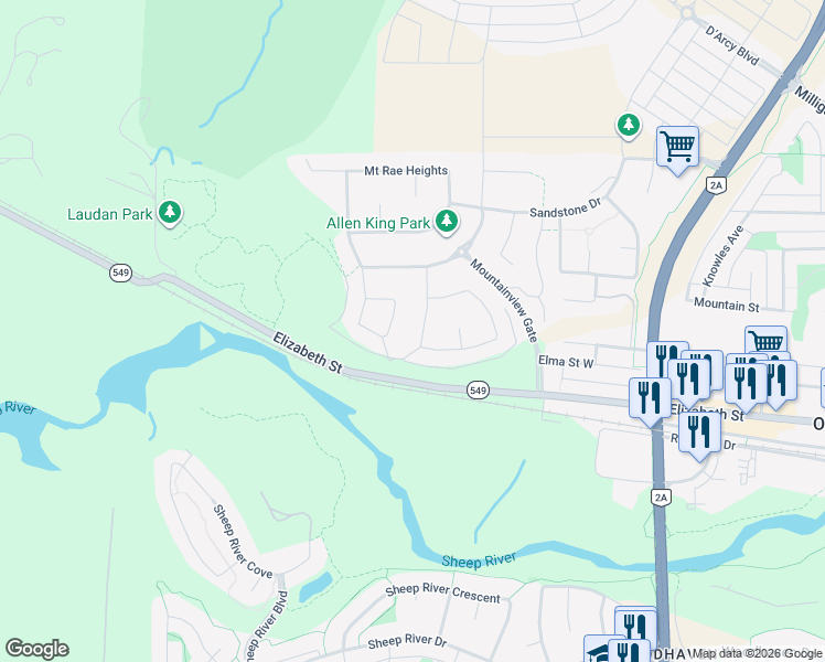 map of restaurants, bars, coffee shops, grocery stores, and more near 22 Mist Mountain Rise in Okotoks