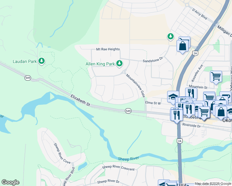 map of restaurants, bars, coffee shops, grocery stores, and more near 22 Mist Mountain Rise in Okotoks
