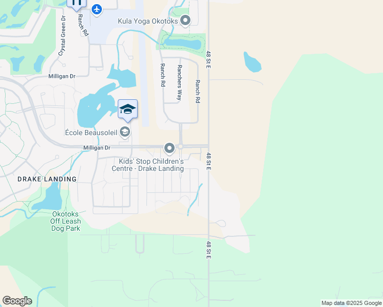 map of restaurants, bars, coffee shops, grocery stores, and more near Drake Landing Drive in Okotoks