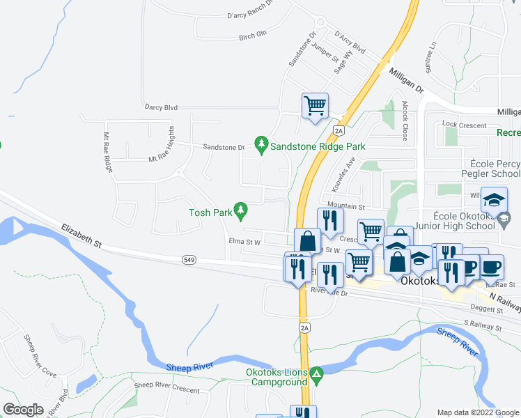 map of restaurants, bars, coffee shops, grocery stores, and more near 519 Sandstone Point in Okotoks