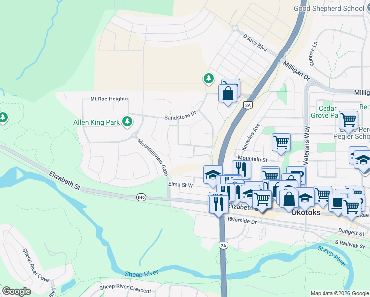 map of restaurants, bars, coffee shops, grocery stores, and more near 519 Sandstone Point in Okotoks