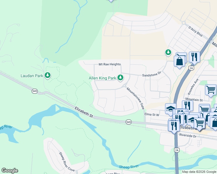 map of restaurants, bars, coffee shops, grocery stores, and more near 275 Mountainview Drive in Okotoks