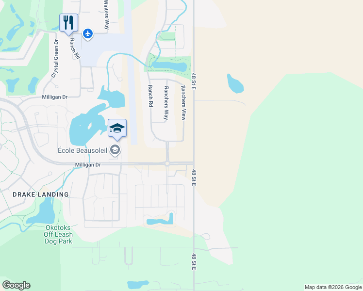 map of restaurants, bars, coffee shops, grocery stores, and more near 48 St E in Okotoks