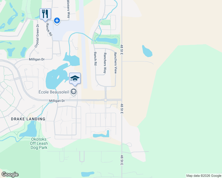 map of restaurants, bars, coffee shops, grocery stores, and more near 211 Ranch Road in Okotoks