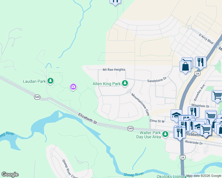 map of restaurants, bars, coffee shops, grocery stores, and more near 275 Mountainview Drive in Okotoks