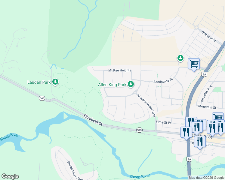 map of restaurants, bars, coffee shops, grocery stores, and more near 275 Mountainview Drive in Okotoks