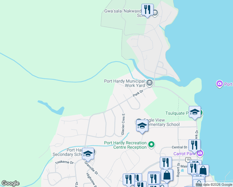 map of restaurants, bars, coffee shops, grocery stores, and more near 7725 Duval Avenue in Port Hardy
