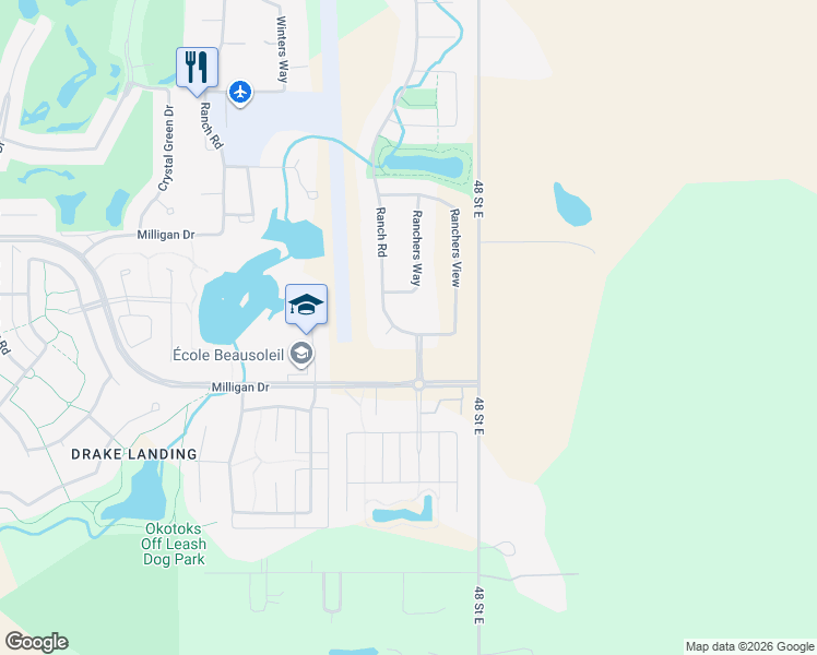 map of restaurants, bars, coffee shops, grocery stores, and more near 211 Ranch Road in Okotoks