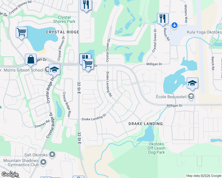 map of restaurants, bars, coffee shops, grocery stores, and more near 30 Drake Landing Road in Okotoks