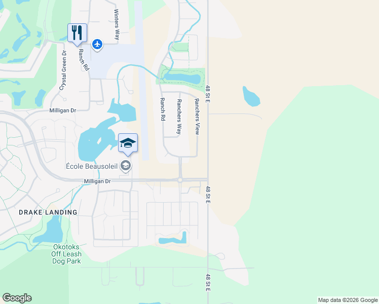 map of restaurants, bars, coffee shops, grocery stores, and more near 211 Ranch Road in Okotoks